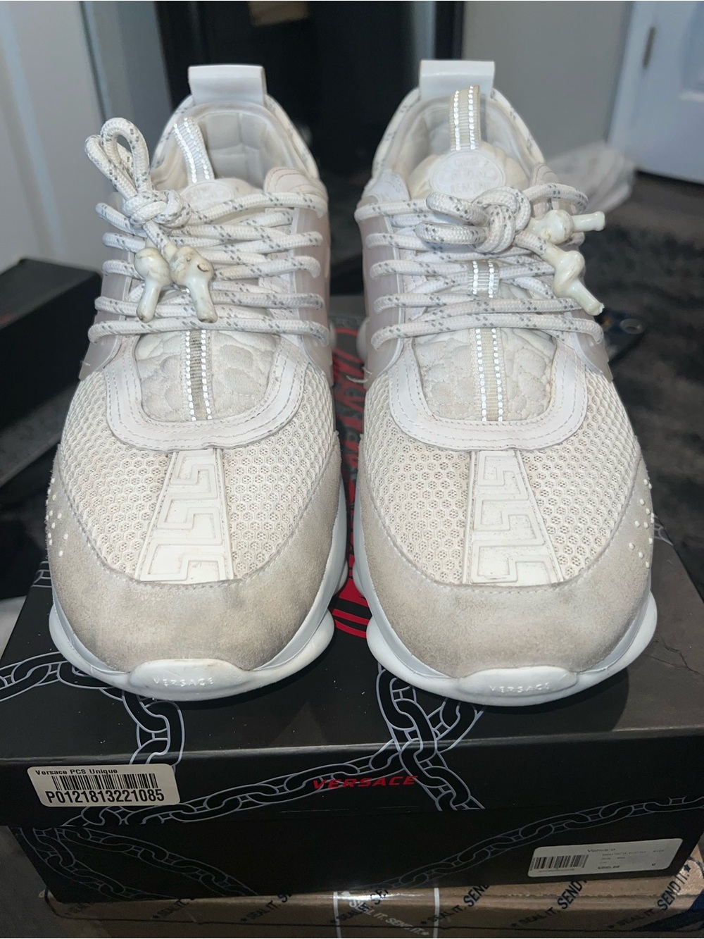 Versace Chain Reaction Men's Cream & White Mesh and Suede Sneakers